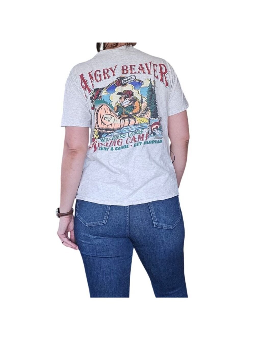 Vintage Angry Beaver Wilderness Lodge and Logging Camp T Shirt Worn Women Size L